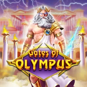 The Greek god Zeus with glowing eyes and a lightning bolt stands in front of a temple on Mount Olympus, with the game's logo in the foreground.