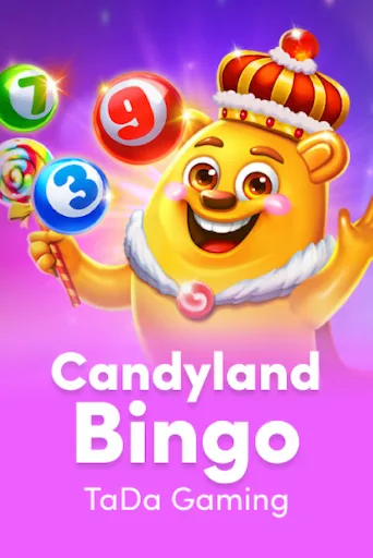A cartoon bear wearing a crown holds a lollipop amidst several bingo balls on a purple background.