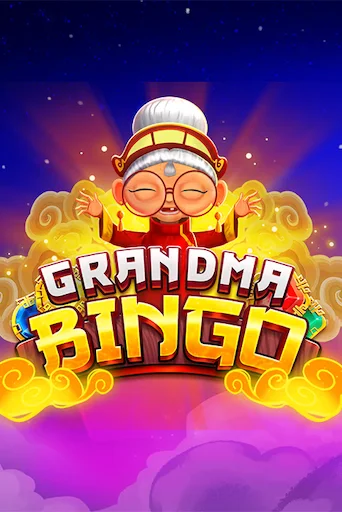A cartoon illustration of an elderly Asian woman with glasses and a red outfit, surrounded by golden clouds, with the title 'Grandma Bingo' displayed prominently below her.